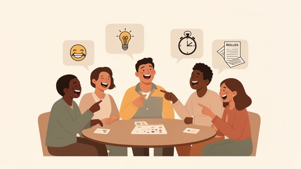 Diverse adults joyfully playing a board game together, laughing and interacting with game elements.