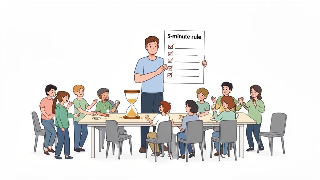 An illustration of a group of friends playing a timed game with a "5-minute rule" and an hourglass.