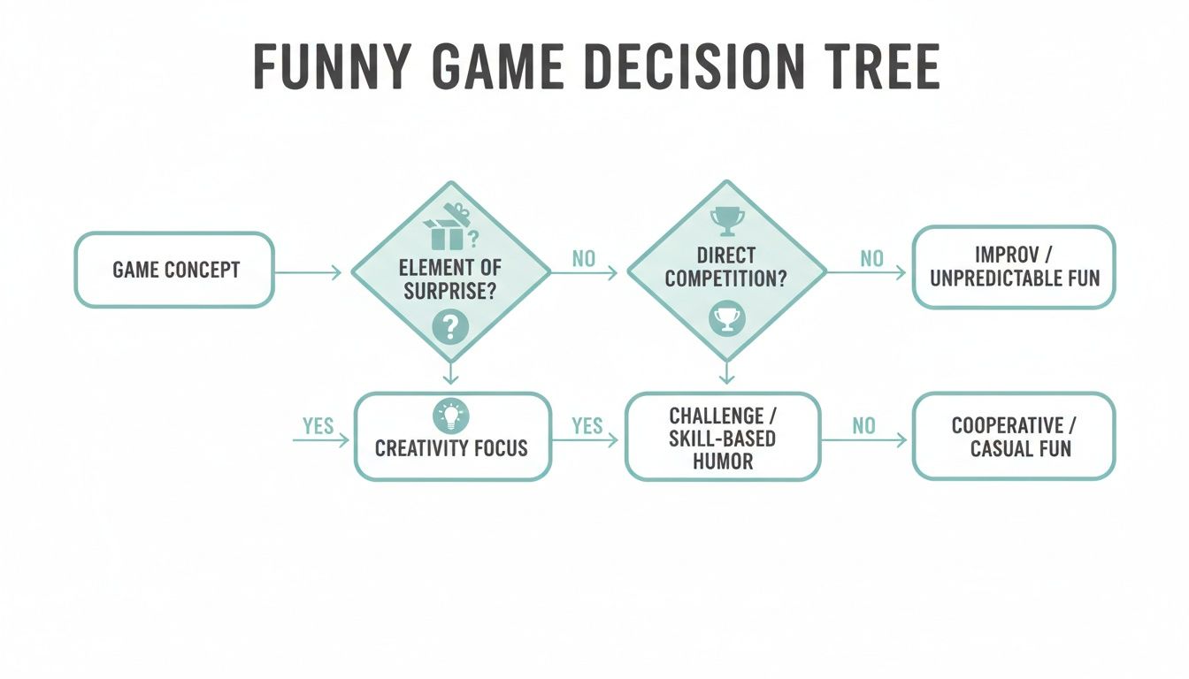 A funny game decision tree flowchart showing paths from game concept to different types of humor.
