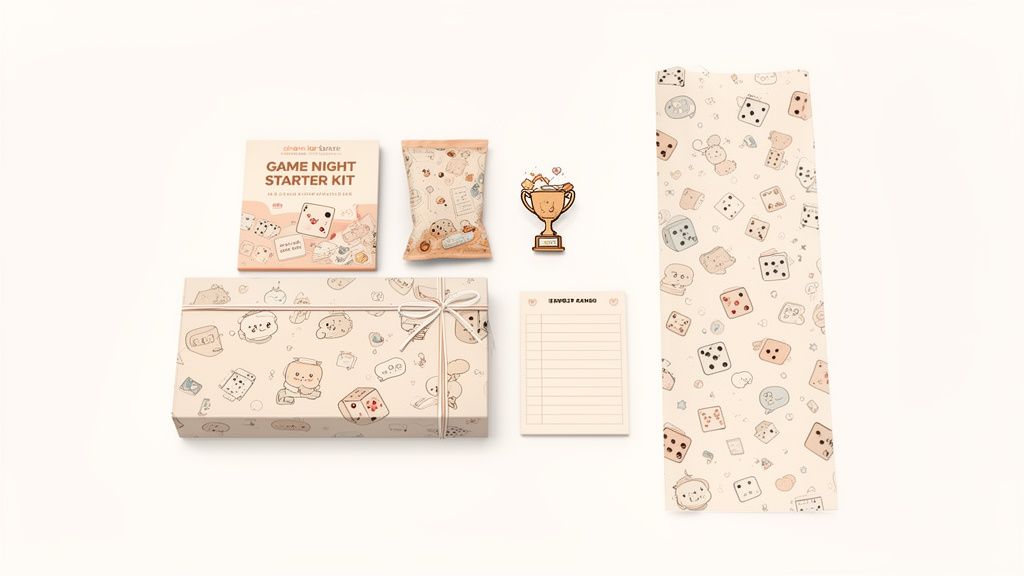 A Game Night Starter Kit box, snack bag, trophy pin, score pad, and patterned gift wrap.