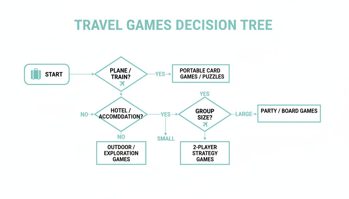 A travel games decision tree flowchart visually guiding game selection based on travel mode and group size.