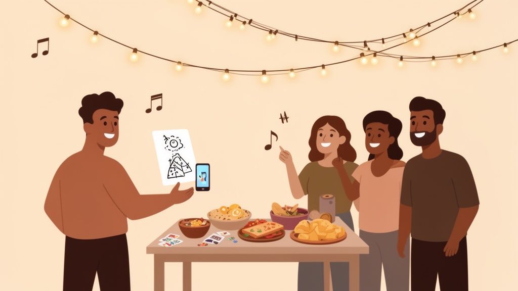 A group of happy friends plays a drawing party game around a table with snacks and string lights.