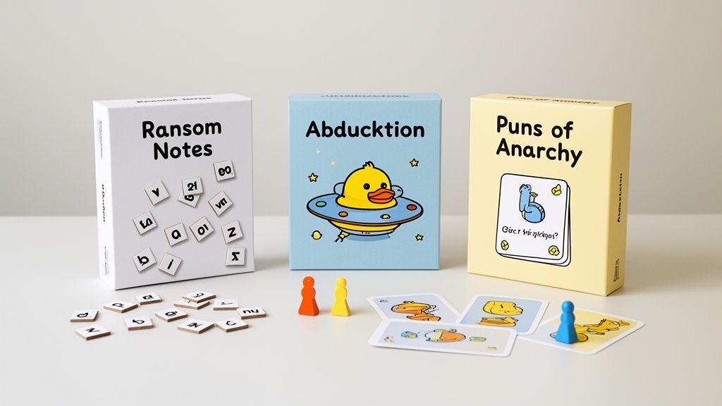 Three funny board games: Ransom Notes, Abducktion, and Puns of Anarchy, with game pieces scattered.