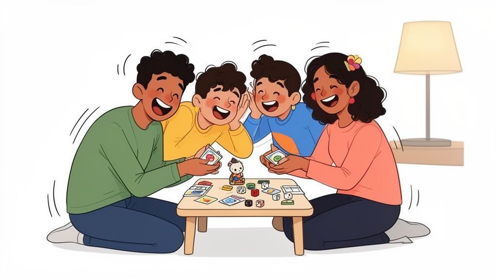 Four diverse people joyfully playing a board game on the floor, laughing together.