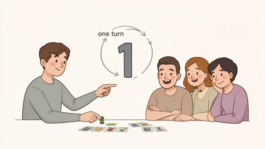 A group of four friends enjoys playing a card or board game, demonstrating one turn.