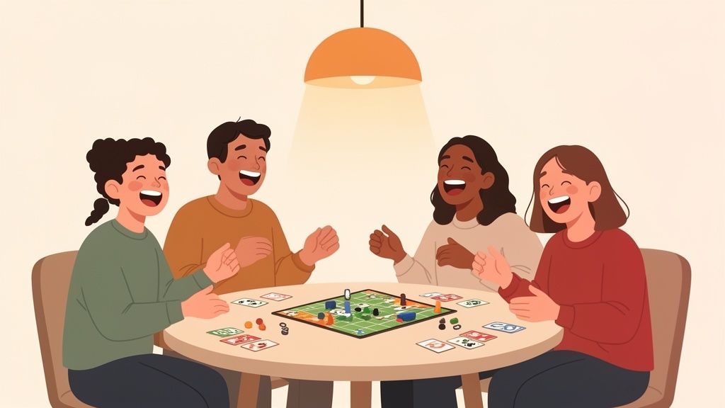 Four diverse friends joyfully playing a board game together under a warm light, laughing and having fun.