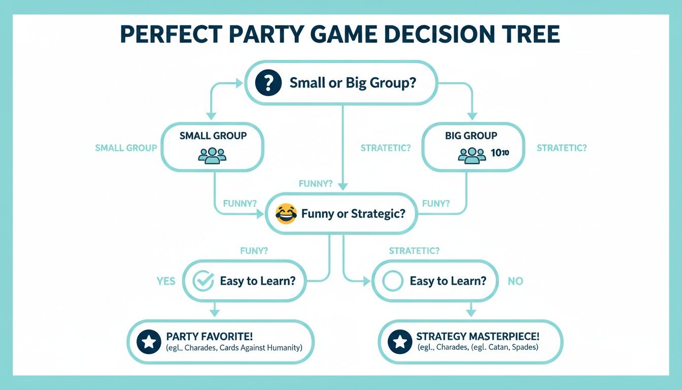 A decision tree flowchart for choosing the perfect party game based on group size and game style.