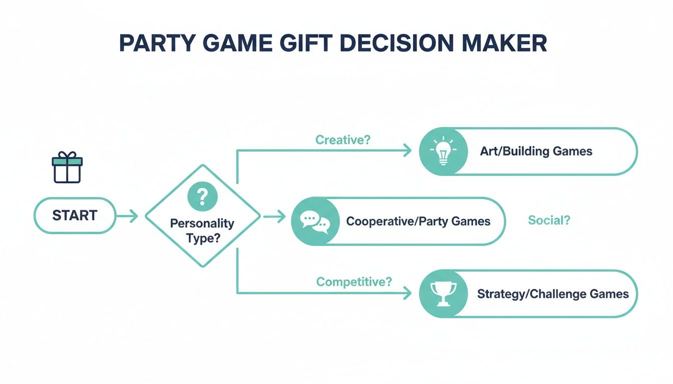 Flowchart guiding party game gift selection based on personality type: creative, social, or competitive.