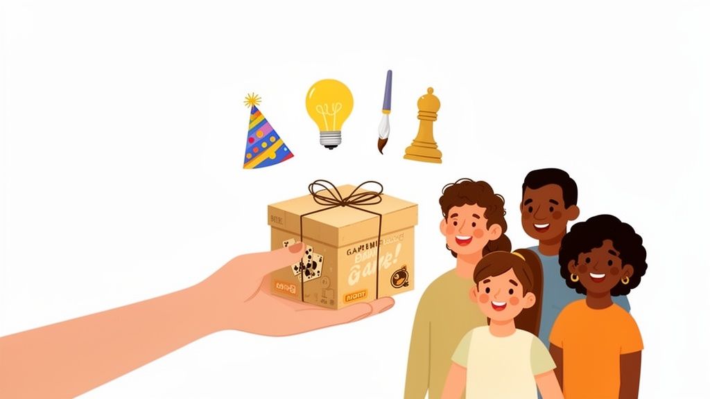 A hand offers a party game gift box to a diverse group of happy people, with activity icons above.