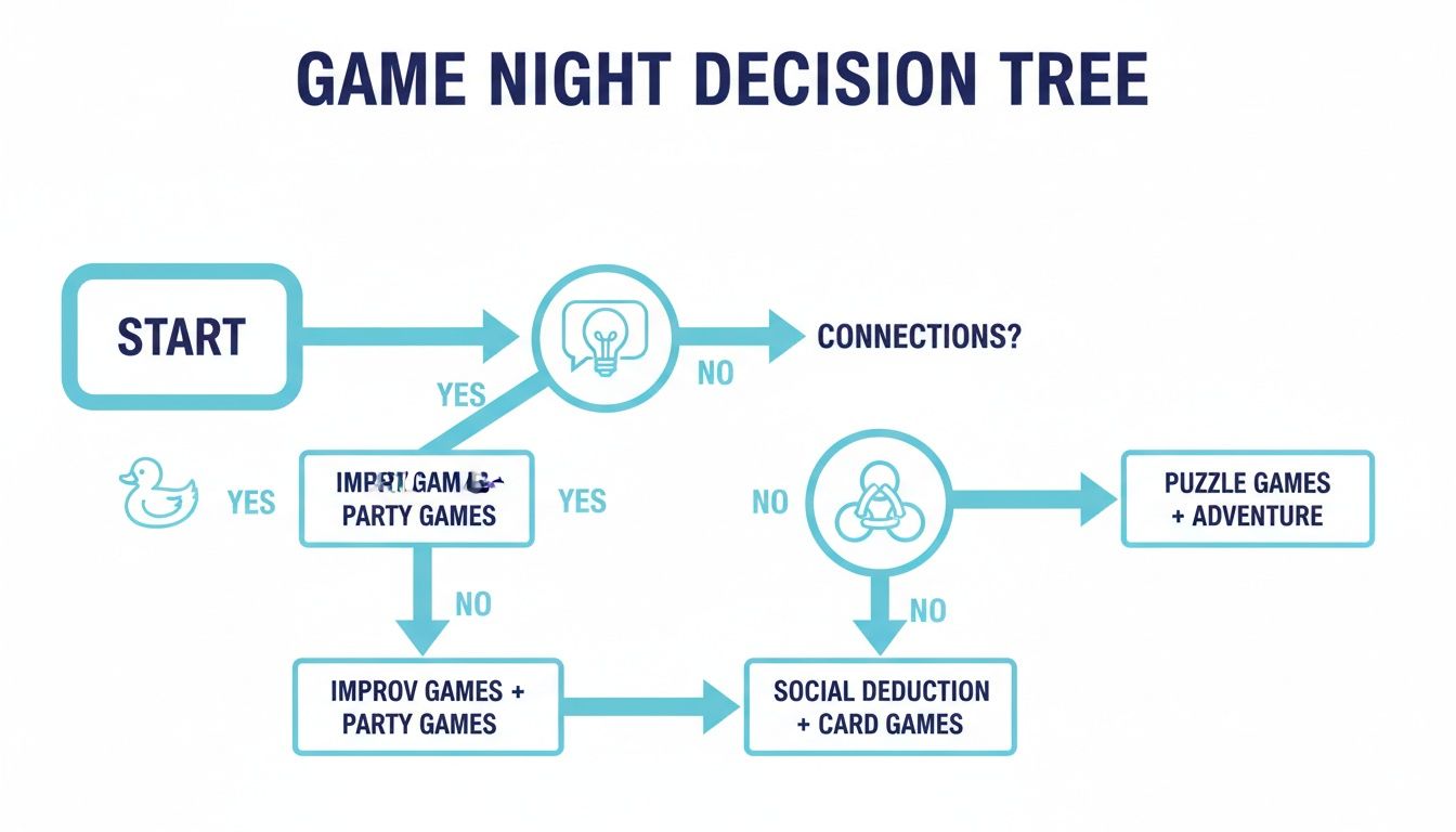 A flowchart titled 'Game Night Decision Tree' guiding game selection for a fun night.