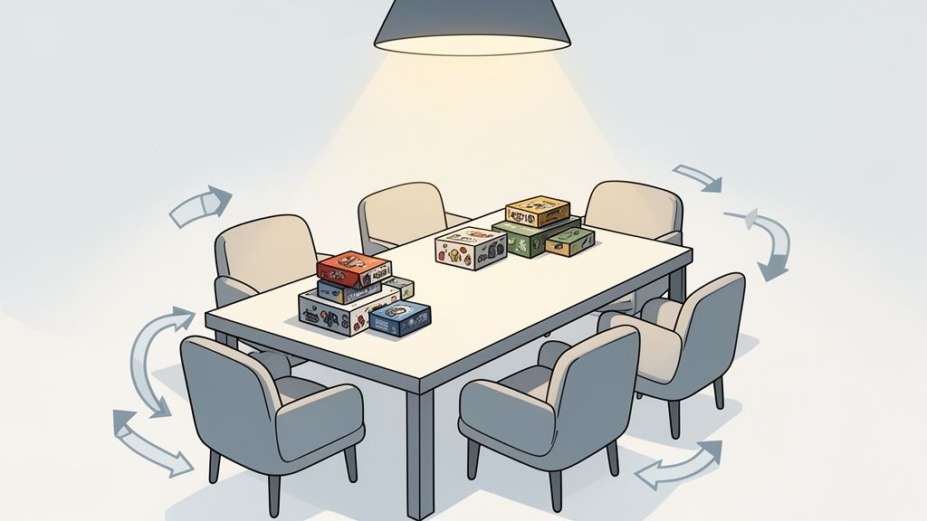 A brightly lit table with eight chairs surrounded by rotating arrows and stacks of board game boxes.