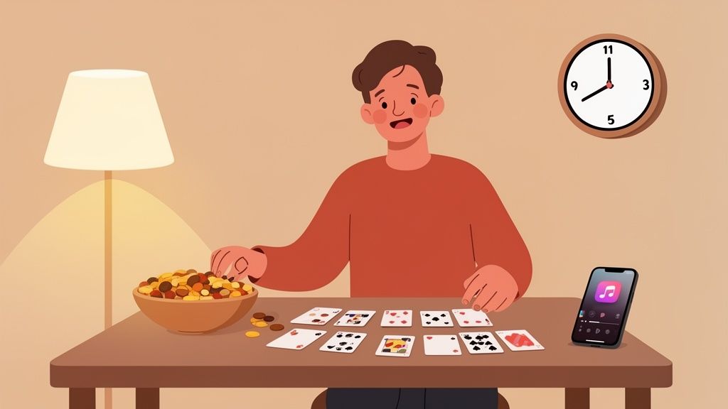 A person playing a card game at a table with snacks, a lamp, and a phone playing music.