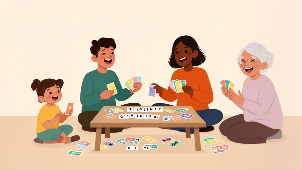 A multi-generational family happily playing a card and letter game together on the floor.
