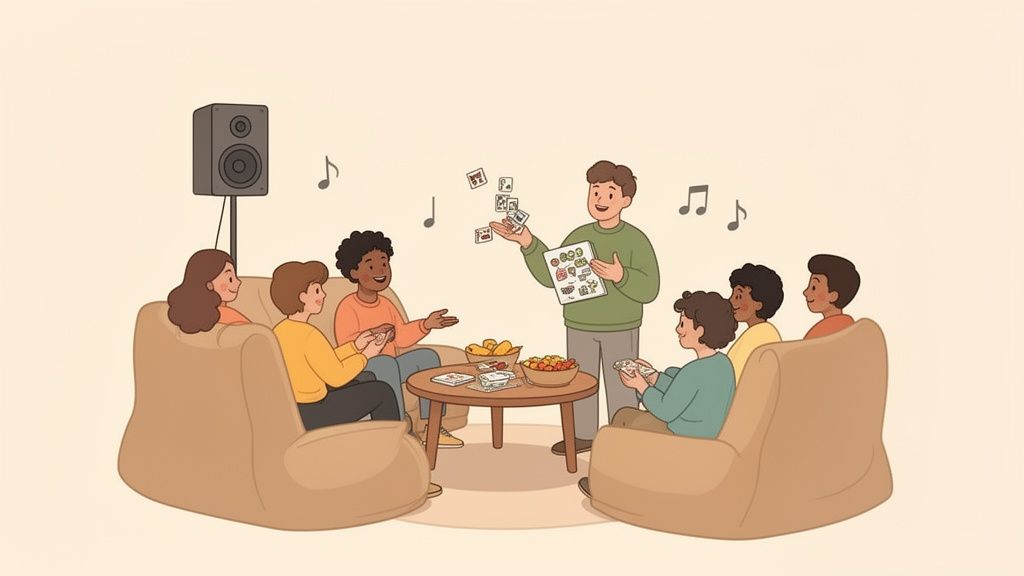 A diverse group of friends playing a board game in a cozy living room with snacks and music.