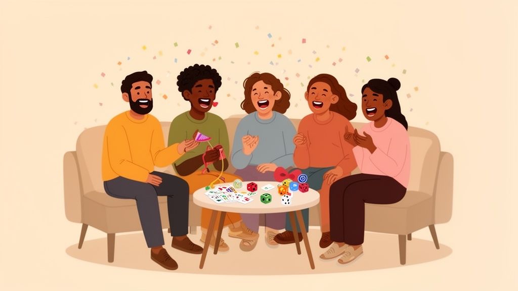 Diverse friends laughing joyfully while playing board games together on a couch with confetti.
