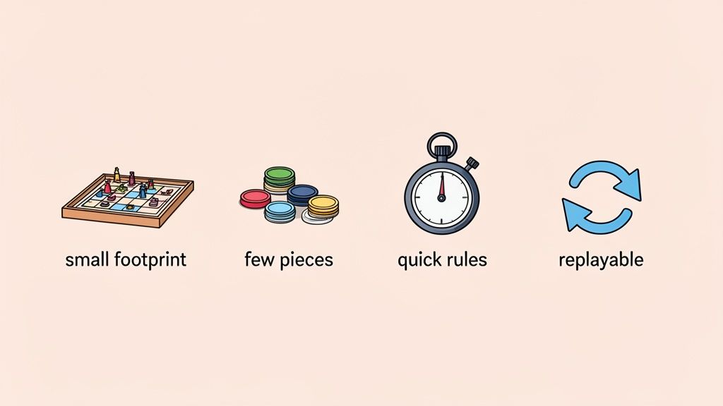 Illustrations depicting characteristics of ideal travel board games: small footprint, few pieces, quick rules, and replayable.