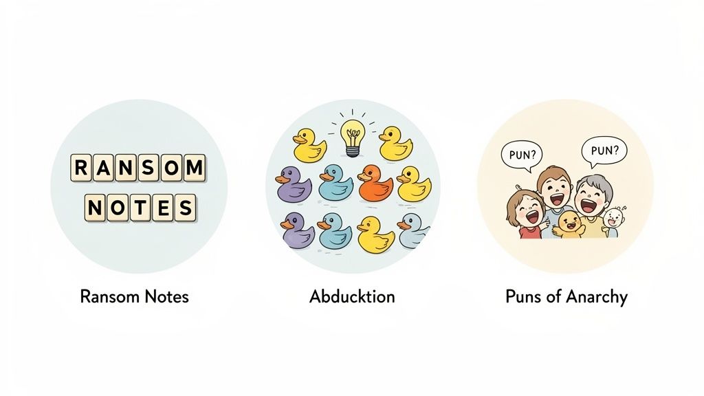 Three humorous wordplay-based board game concepts: Ransom Notes, Abducktion, and Puns of Anarchy.