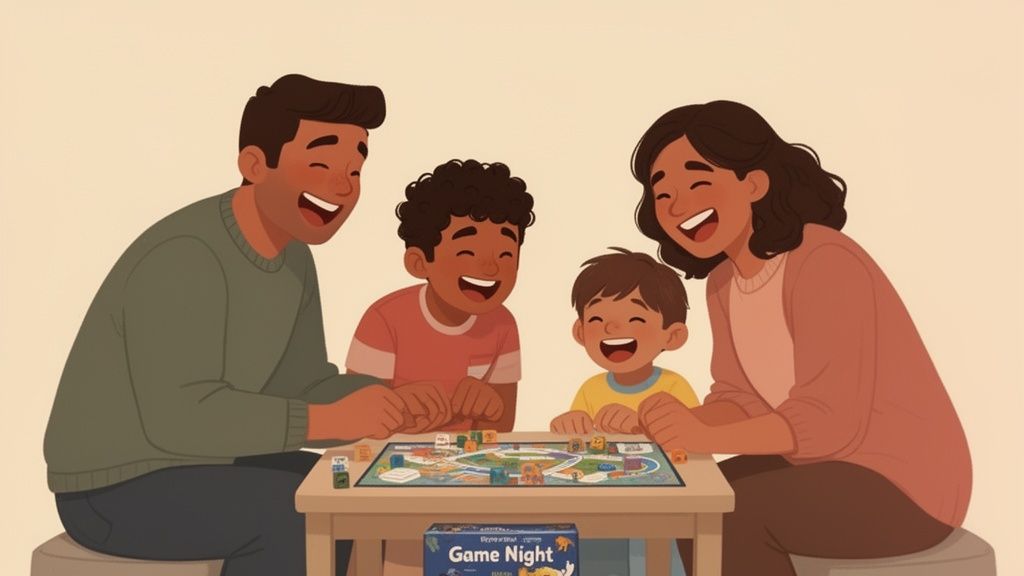 A happy diverse family, including parents and two sons, laughing while playing a board game.