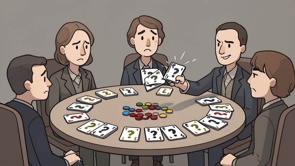 Five players around a table with mystery cards and chips, one character joyfully reveals cards.