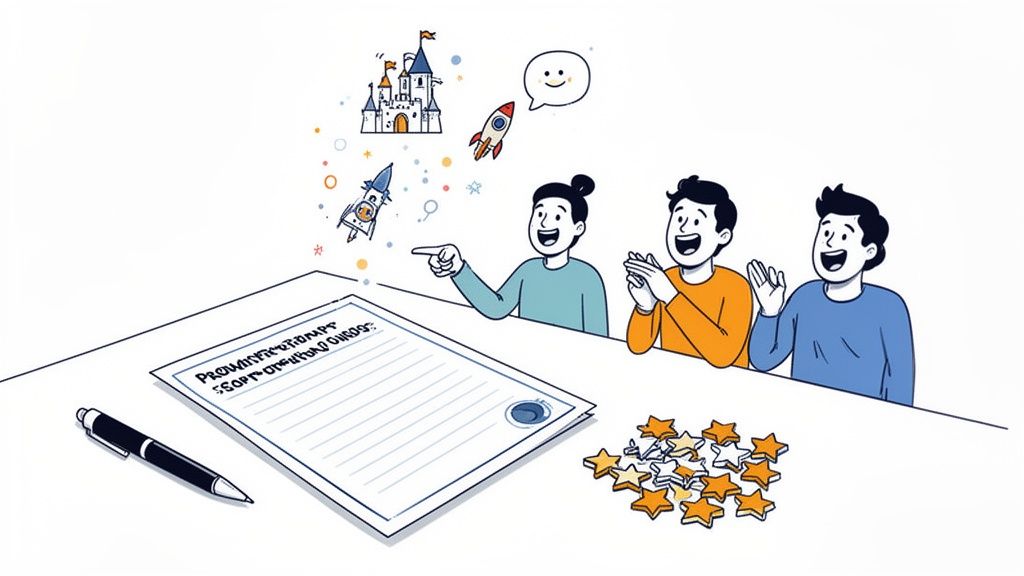 Three excited people reviewing a creative document with flying rockets, a castle, and stars.