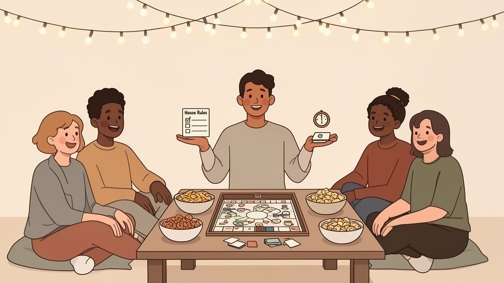 Five friends playing a board game with snacks under string lights, one holding house rules.