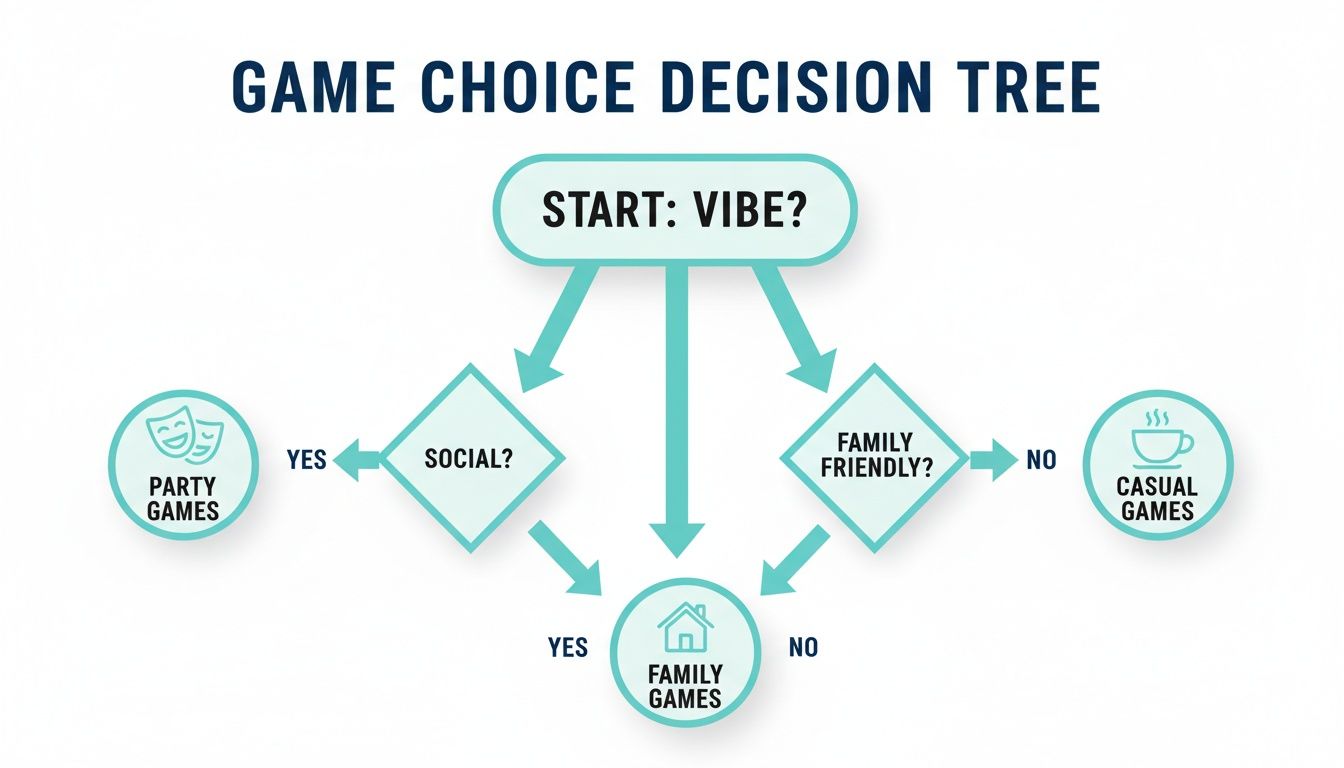 A game choice decision tree flowchart guiding users to choose between party, family, or casual games.