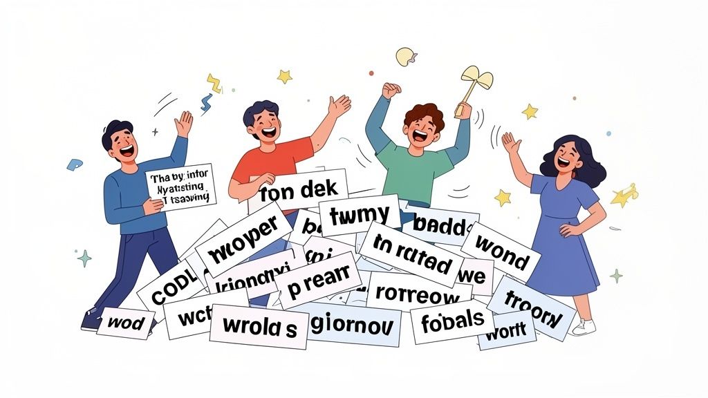 Four joyful people playing a word game with jumbled letter cards, celebrating with confetti.