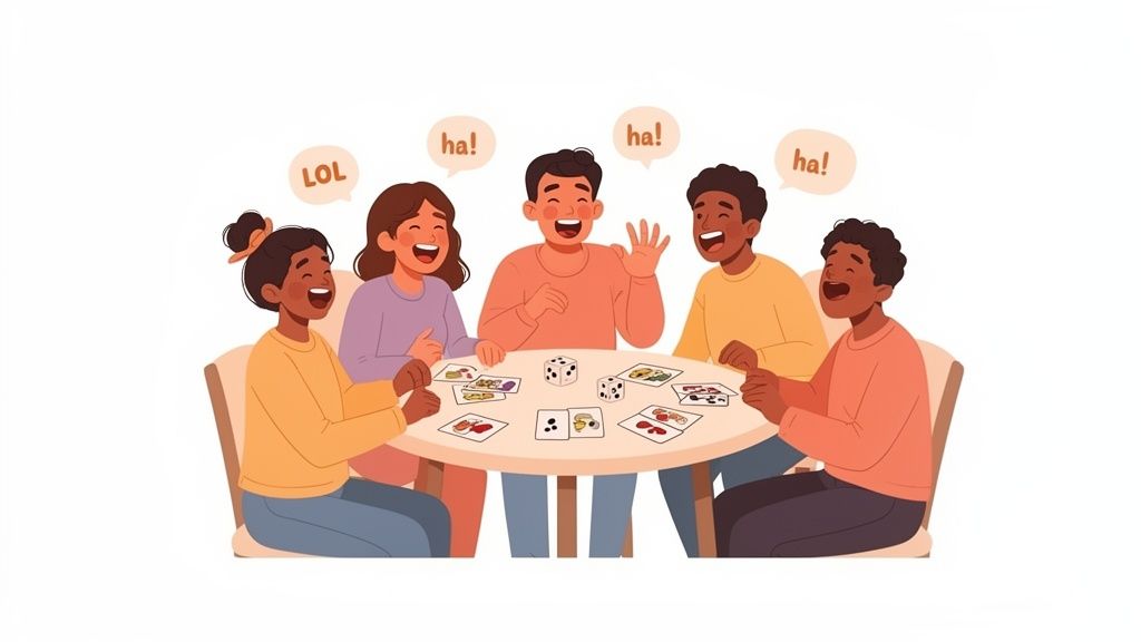 Diverse group of friends laughing and playing a lively board game with cards and dice around a table.