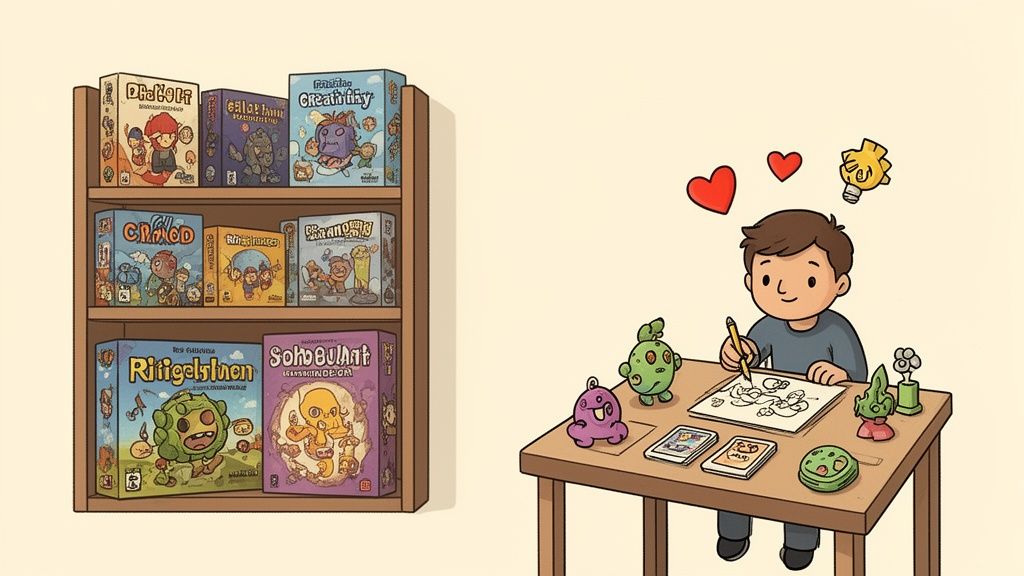 A person drawing board game characters at a desk next to a shelf of colorful board games.
