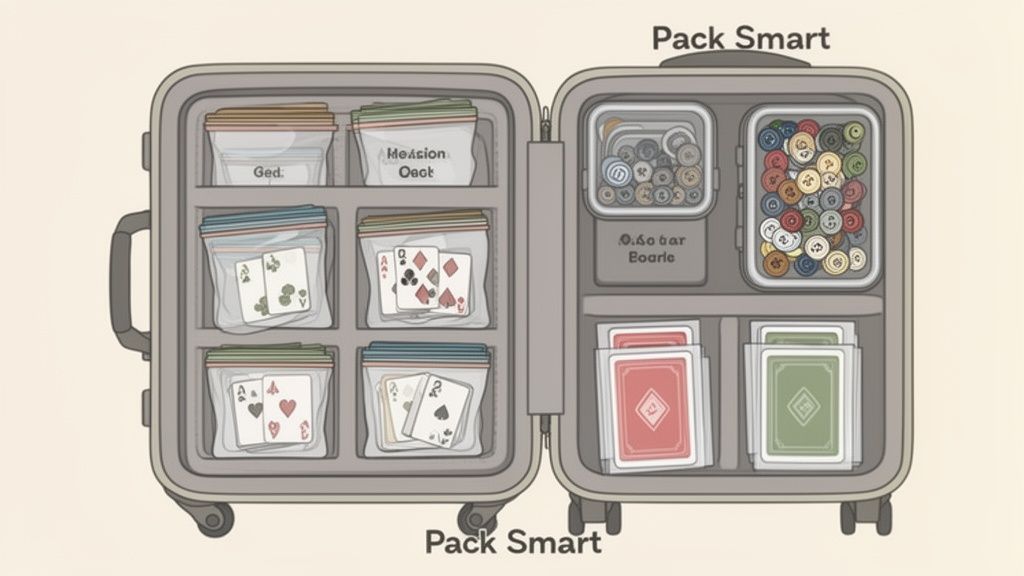 An open suitcase with various board game components, including cards, tokens, and colorful pieces, neatly packed for travel.