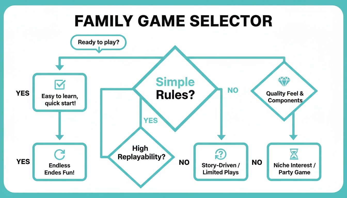 A flowchart titled 'FAMILY GAME SELECTOR' helps choose games based on rules, replayability, and quality.