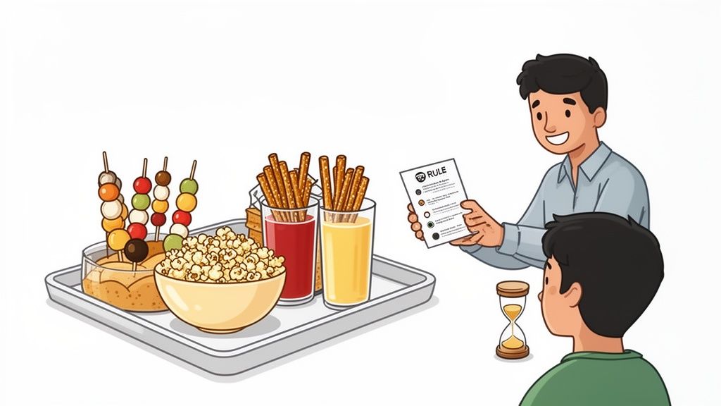 A game night setup with snacks, drinks, an hourglass, and two men reviewing game rules.