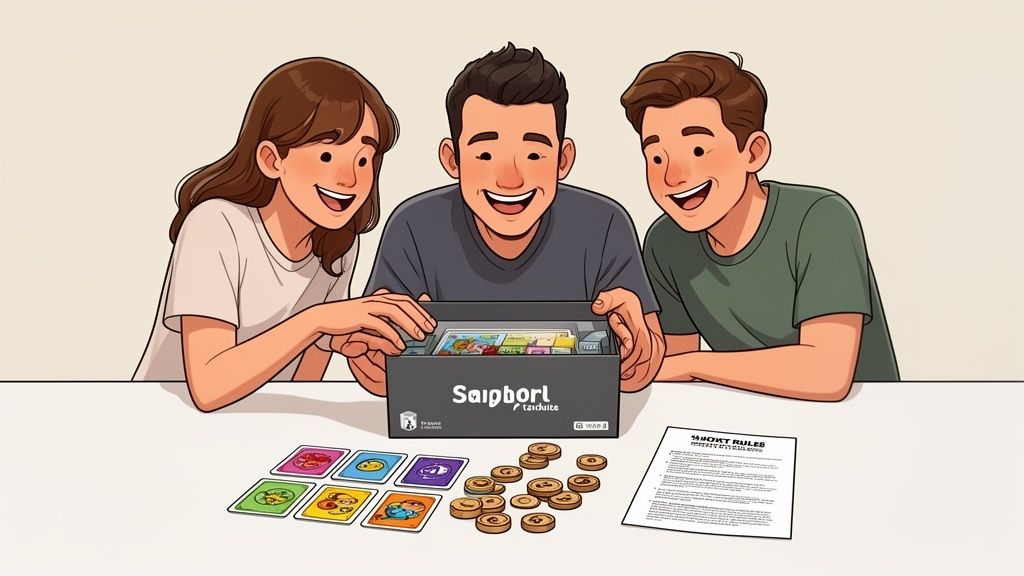Three happy friends eagerly unboxing a new board game, with cards, coins, and rules laid out.
