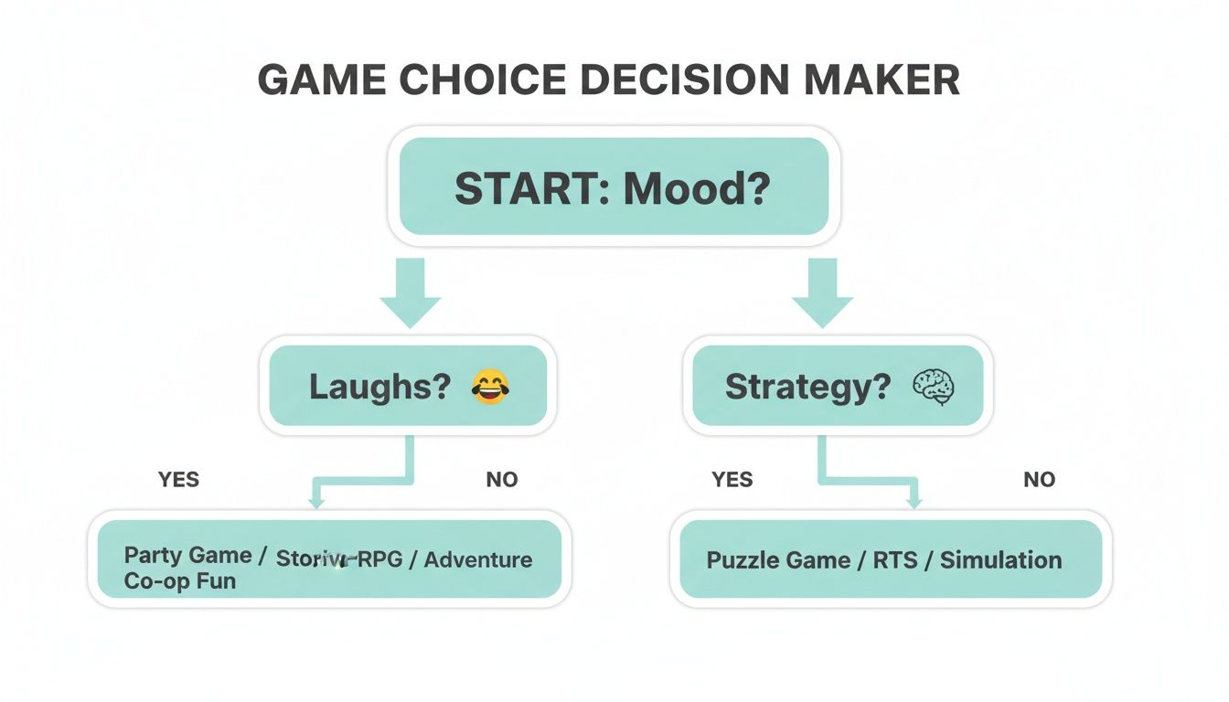Flowchart for choosing a game based on desired mood, leading to game genres like party, RPG, adventure, puzzle, RTS, or simulation.