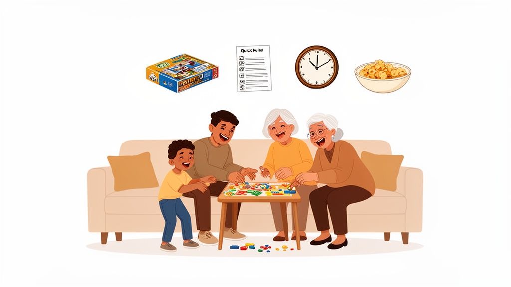 A multi-generational family joyfully playing a board game together in their living room with snacks.
