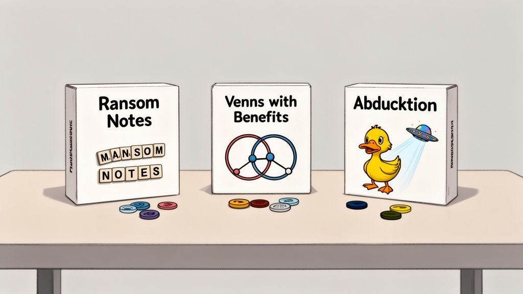 Three humorous board game boxes: 'Ransom Notes', 'Venns with Benefits', and 'Abducktion', on a table.
