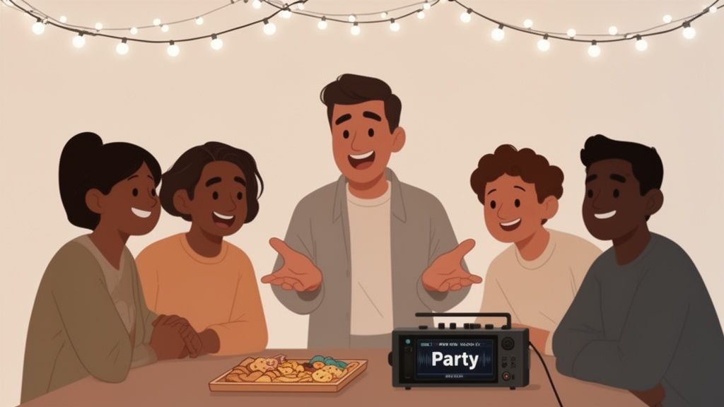 Friends socialize at a party, enjoying snacks and music with festive string lights.