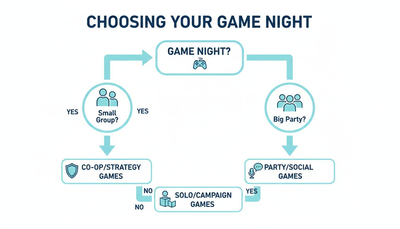 A flowchart titled 'Choosing Your Game Night' guides choices based on group size: small, big, or solo.