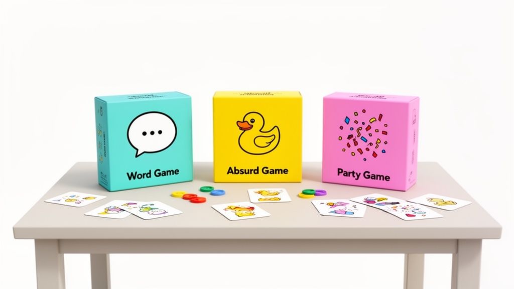 Three colorful board game boxes: Word Game, Absurd Game, and Party Game, with cards and tokens on a table.