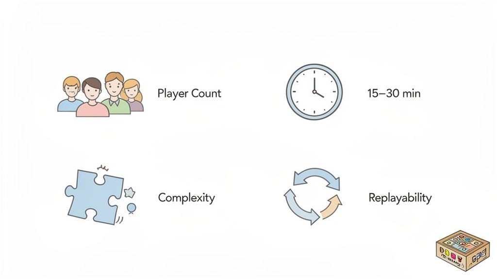 Icons representing board game characteristics: player count, 15-30 minute playtime, complexity, and replayability.