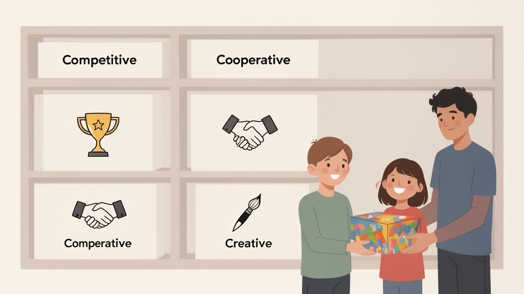 A family smiling and holding a colorful gift box, next to a grid showing competitive, cooperative, and creative concepts.