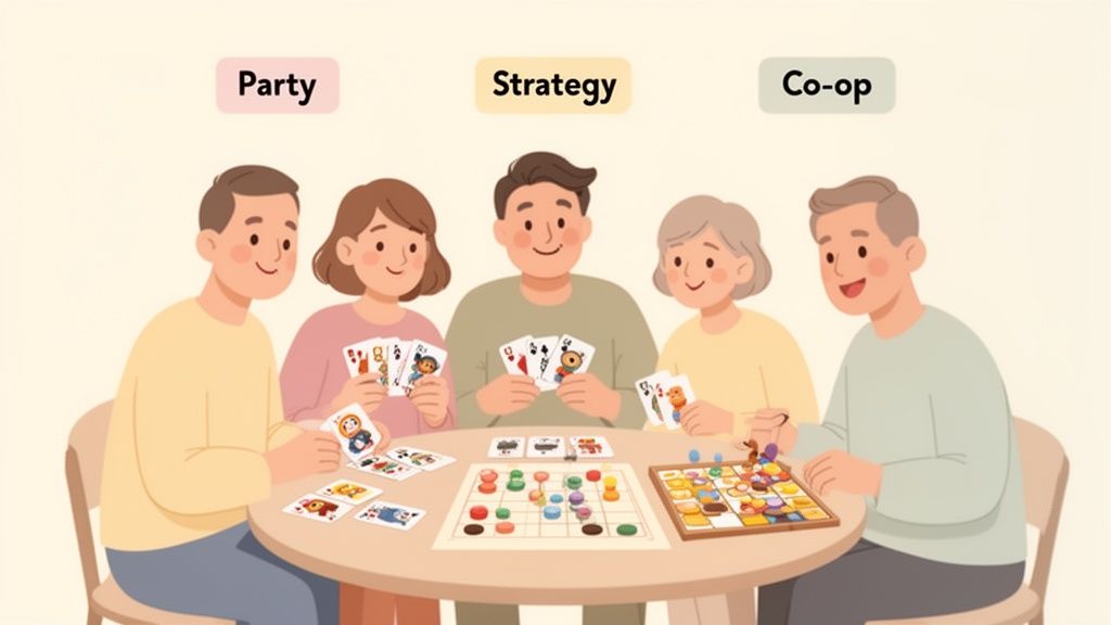 A diverse group of family members enjoying different party, strategy, and cooperative board games together.
