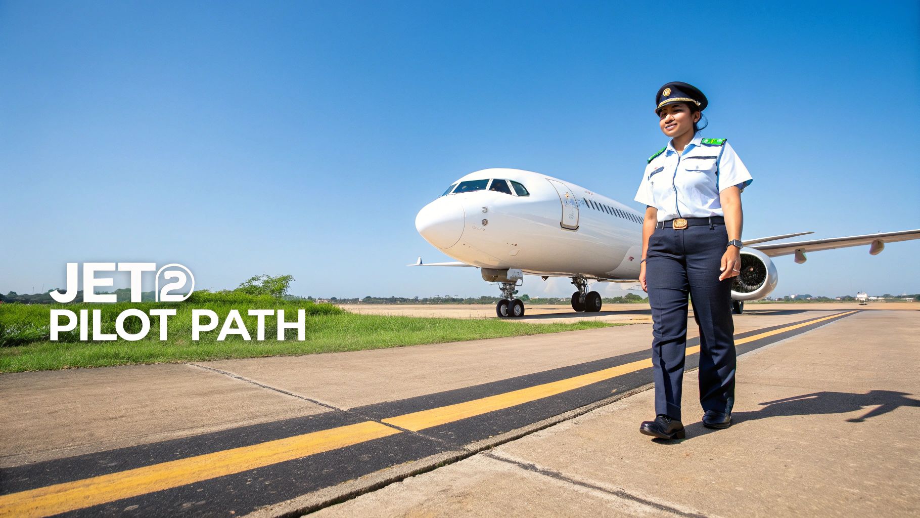 A female pilot in uniform walks on an airport tarmac with a Jet2 airplane behind her, under a clear blue sky.
