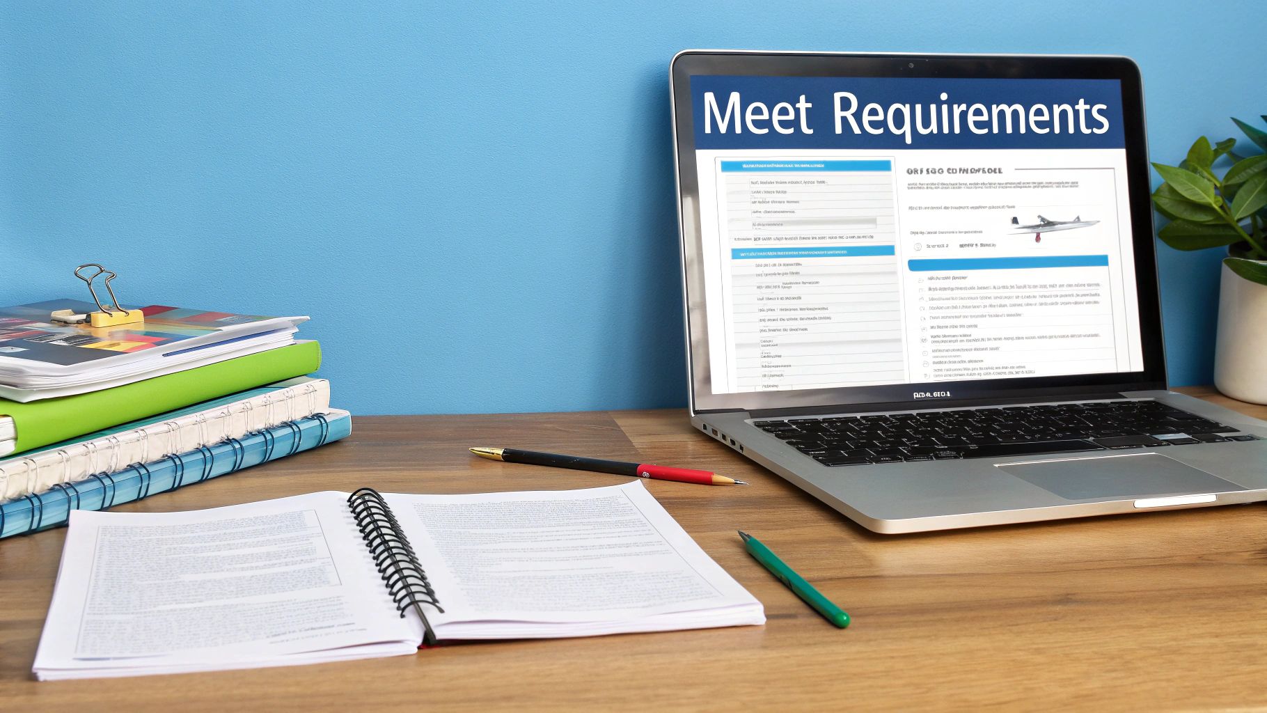 Laptop displaying 'Meet Requirements' webpage with text, an airplane image, and checkboxes on a desk with notebooks and pens.