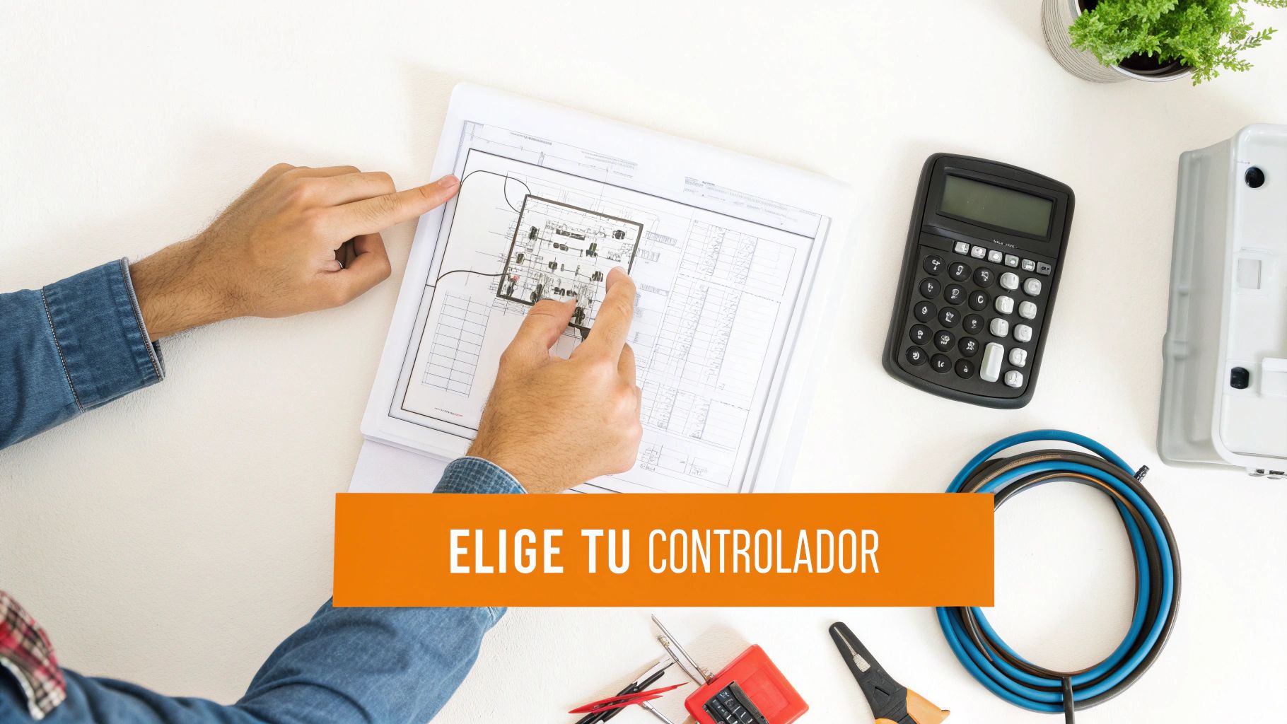 Persona revisando planos arquitectónicos con calculadora sobre escritorio eligiendo controlador de carga solar