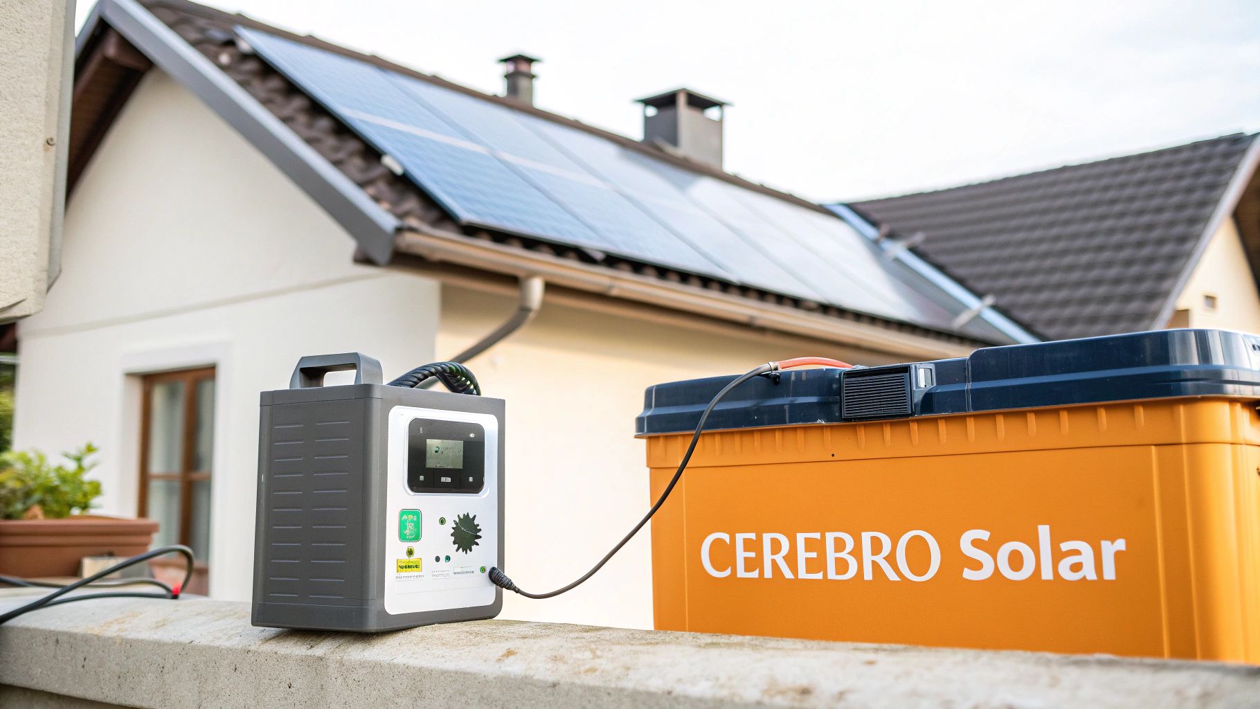 Sistema de controlador de carga solar CEREBRO conectado a batería naranja con paneles solares en techo de casa