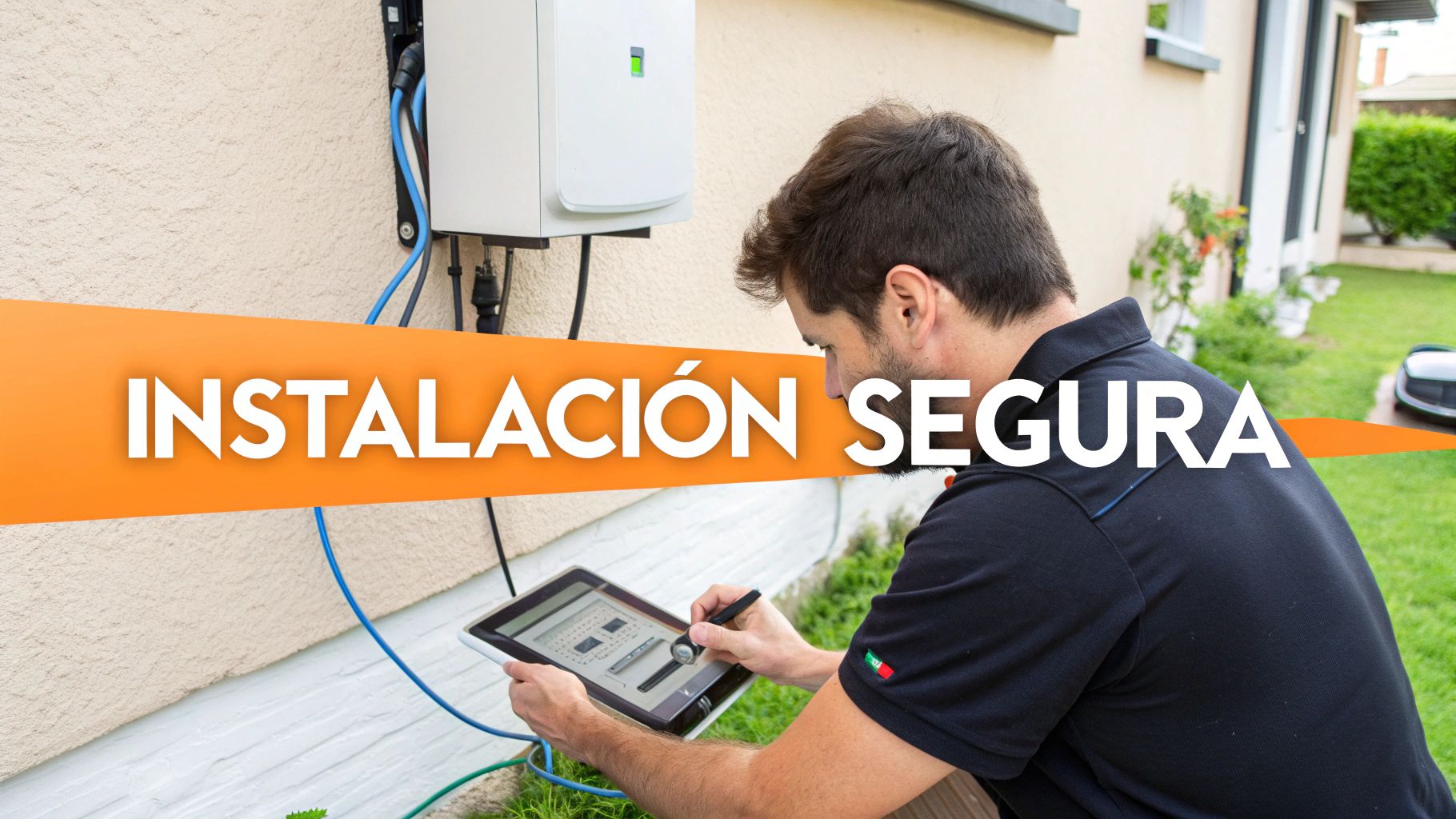 Técnico profesional instalando sistema de baterías para paneles solares de forma segura en hogar