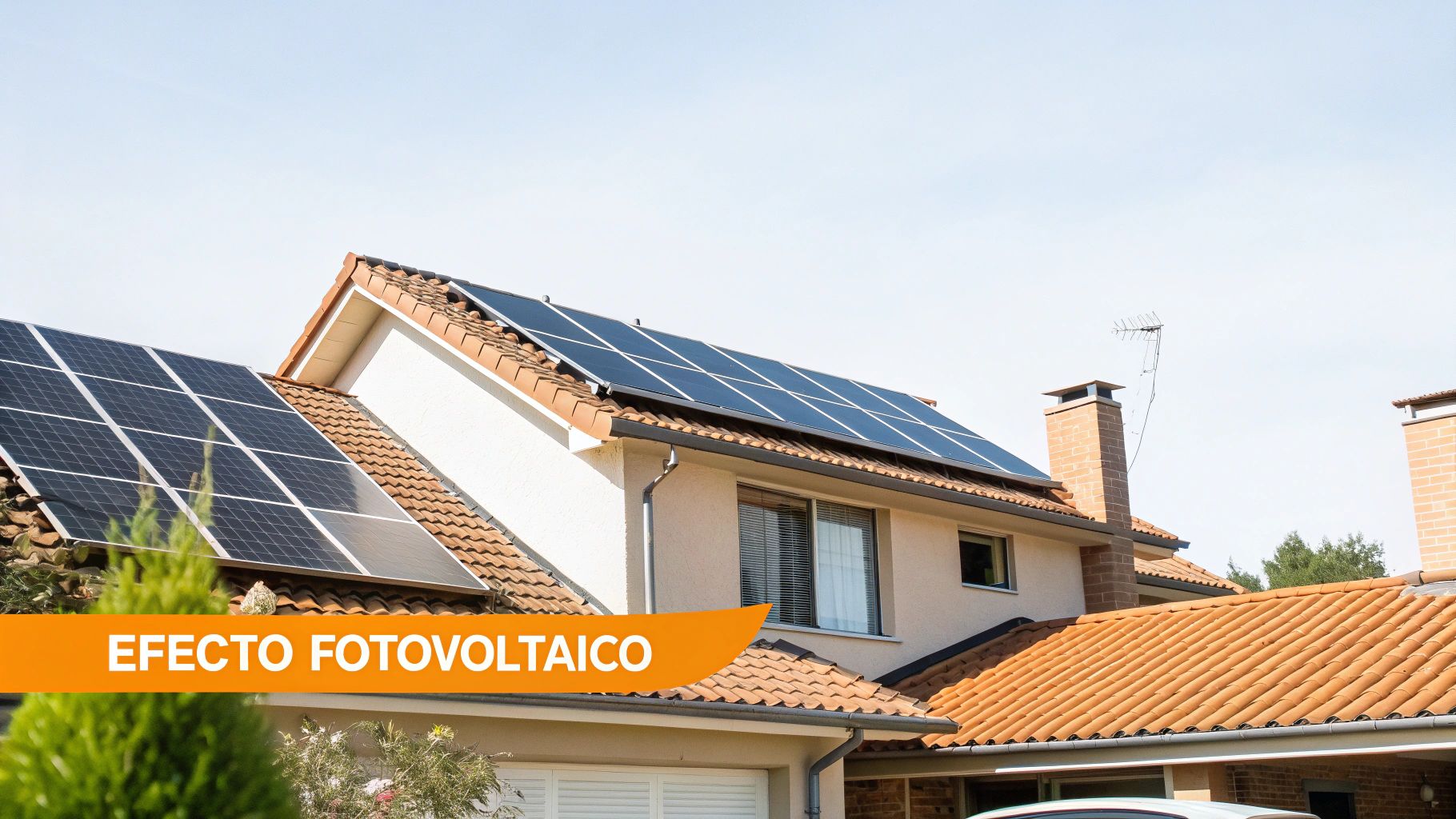 Paneles solares instalados en el tejado de una casa moderna con cielo azul de fondo