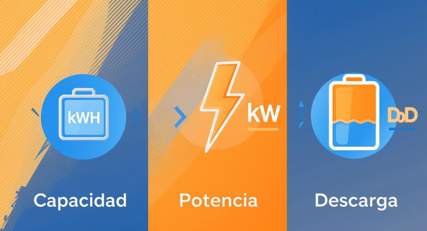 Diagrama comparativo mostrando capacidad en kWh, potencia en kW y descarga de baterías para paneles solares