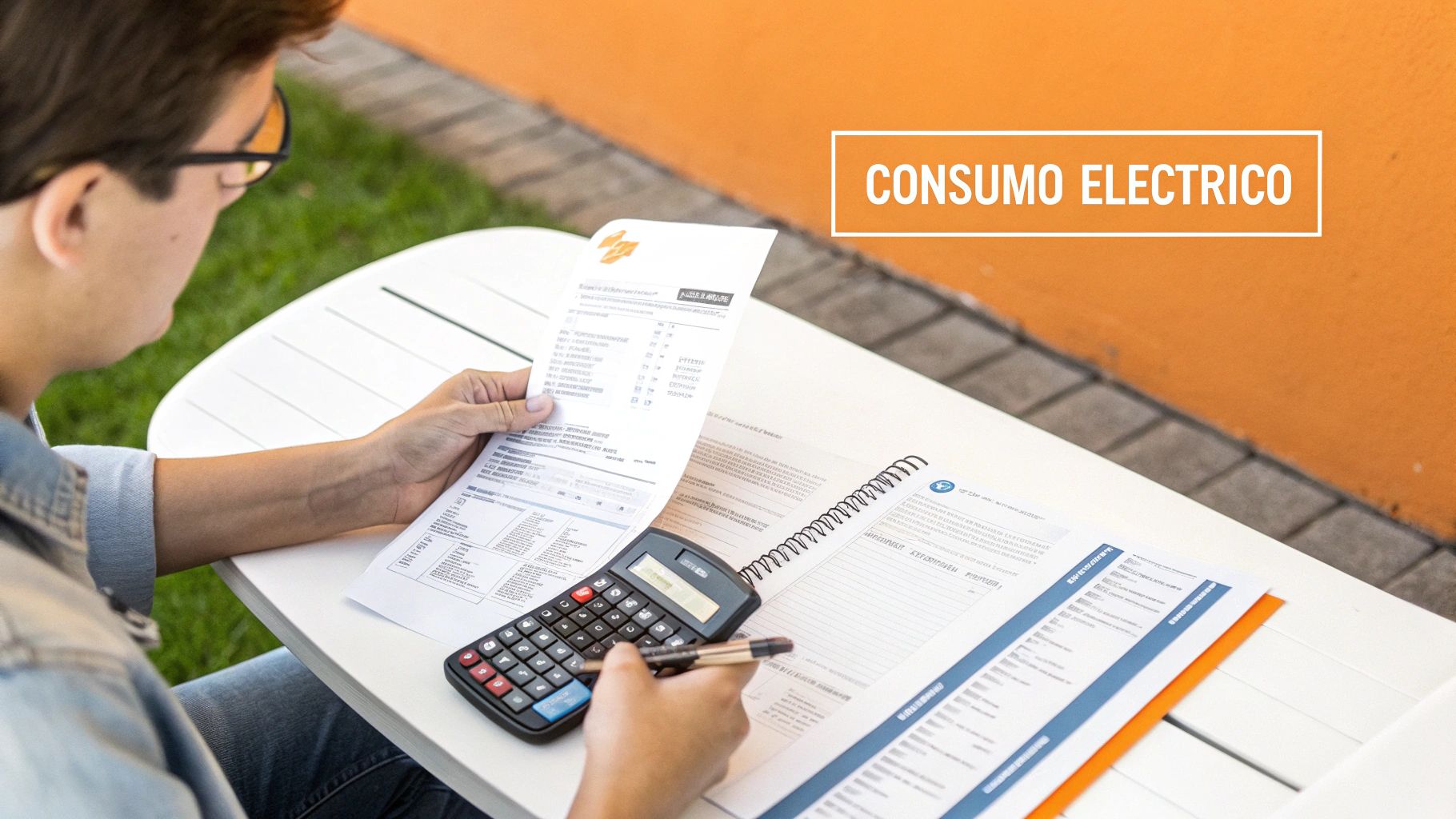 Una persona analizando su factura de electricidad en una tableta para calcular su consumo energético